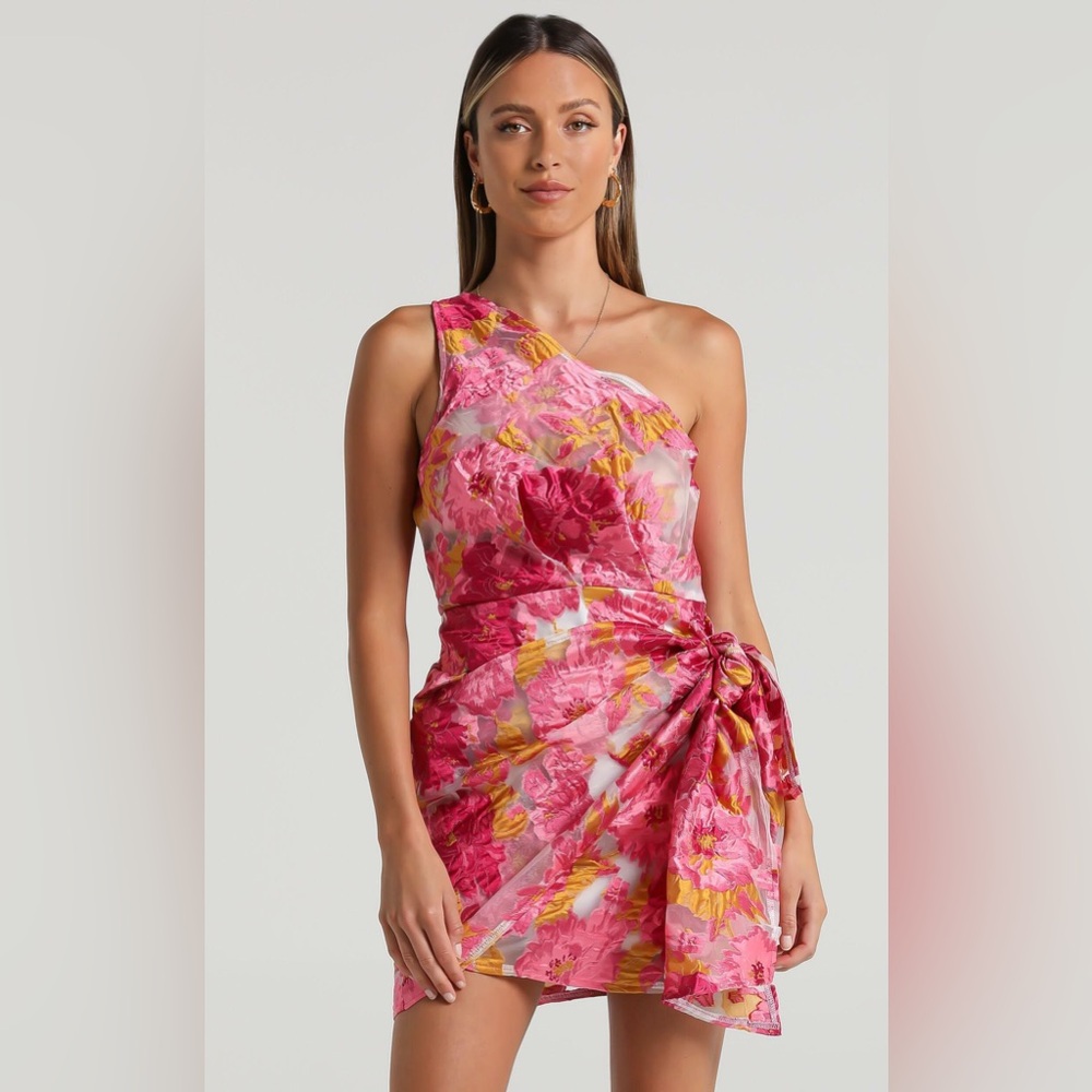 Showpo Brailey Mini Dress - One Shoulder Wrap Front Dress In Pink Jacquard
